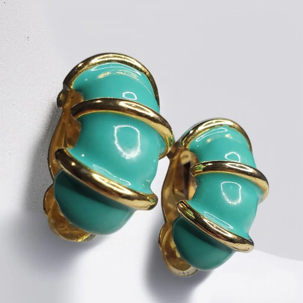 DONALD STANNARD Vintage 80s Turquoise Enamel Clip=on Earrings - Picture 3 of 5